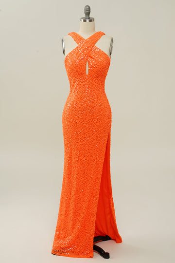 Orange Halter paljett Backless Mermaid Prom kjole